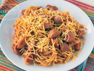 Gluten Free Dairy Free Chili Spaghetti with Hotdogs