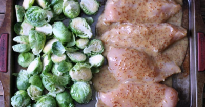 Sheet Pan Honey Mustard Chicken Breast with Brussel Sprouts - Dump and Go Dinner