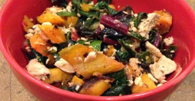 Garlic Rainbow Chard with Squash and Salmon - Lunch Version