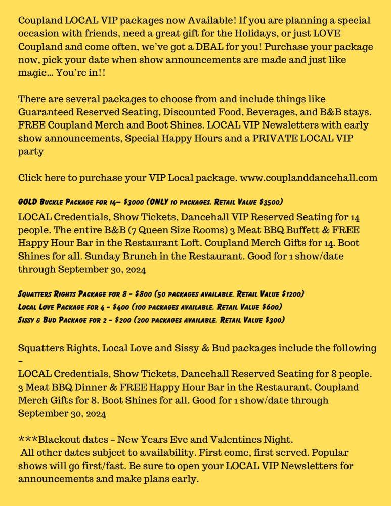 Package Specials Available for limited time Coupland Dancehall