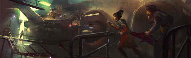 A man and a woman, weapons drawn, run stealthily through a spaceship dock.