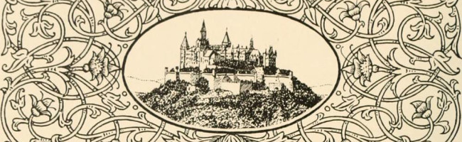 An black and white illustration of a medieval castle. The drawing is set in an oval in the middle of scrollwork containing flowers.