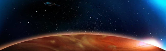 Space ship floating above a red planet