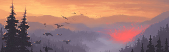 A cloud of bats soars over a forest at dusk, heading towards a sinister red glow in the distance woods.