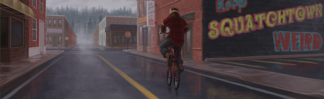 A large, unusually hairy figure, dressed in a jeans and a flannel shirt, pedals a bicycle down the empty streets of a rainy town. A billboard reads, "Keep Squatchtown Weird."