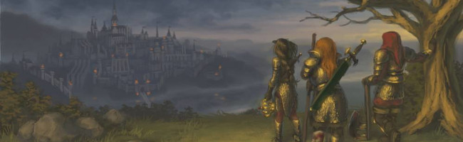 Three tired and battered adventurers stand on a hill at dusk, looking out towards the distant, twinkling lights of a great city — their destination.