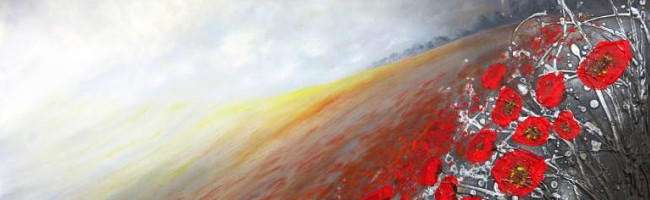 A painting of red poppies set at a diagonal angle with a grey, stormy sky as the background. 