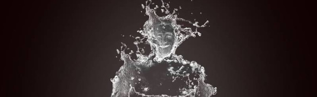 A splash of water in the vague shape of a person strikes against a dark backdrop.