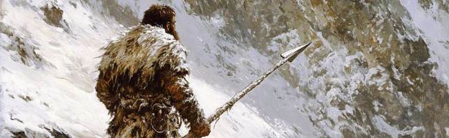 A caveman with a spear walking in the snowy Alps