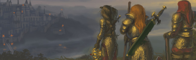 Three tired and battered adventurers stand on a hill at dusk, looking out towards the distant, twinkling lights of a great city — their destination.