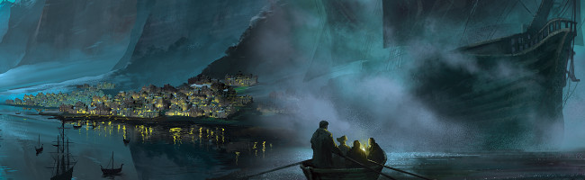 A collage showing several scenes: a tall-masted ship sailing through fog, people carrying good on their heads as they wade through dark waters, and a town's light shimmering on a shore under sparkling aurora skies.