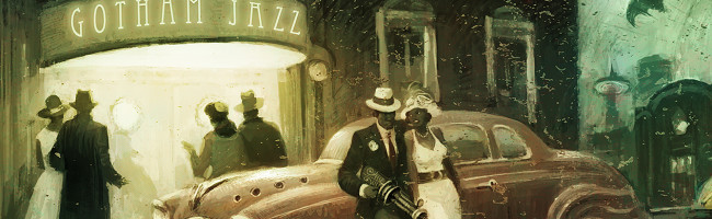 Outside a jazz club, a well-dressed couple leans against a Studebaker, the man casually brandishing something that is half tommy gun, half ray gun.