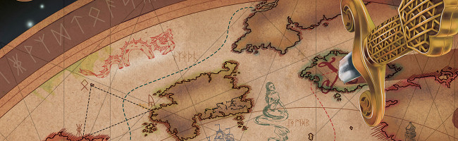 An ornate dagger is plunged into a detailed map of buried treasure.