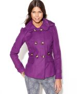 Macy's - Pink Envelope Juniors Coat, Double-Breasted Hooded Pea Coat