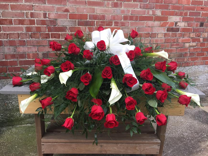 Send CASKET SPRAY - Red Roses & White Calla Lilies in Madisonville