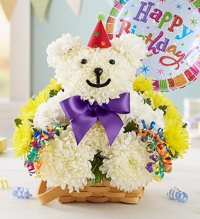 Happy birthday teddy bear and flowers online