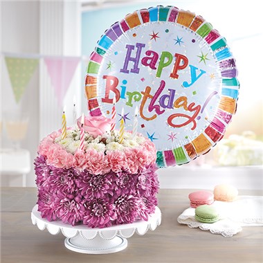 happy birthday cake with flowers and balloons