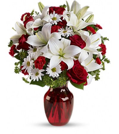 Rose and Lily Assortment With Red Vase