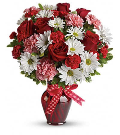Rose, Daisy and Carnation Assortment in Red Vase