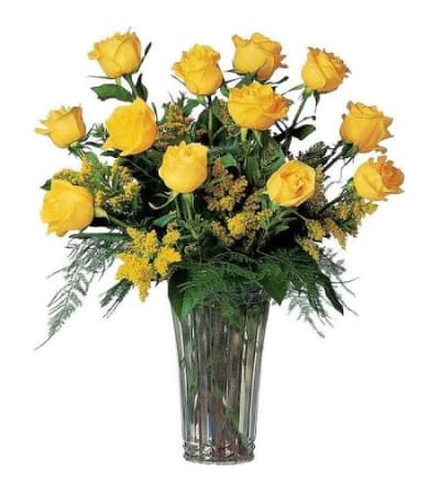 1 Dozen Beautiful Yellow Roses Long Stemmed in Vase
