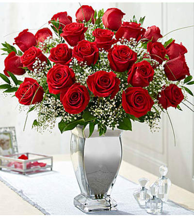 Long Stem Red Roses in Silver Vase