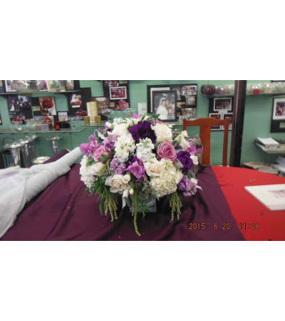 purple, lavender and white low arrangement