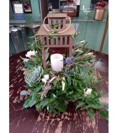 succulent arrangement with lantern