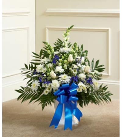 Blue and white sympathy floor basket