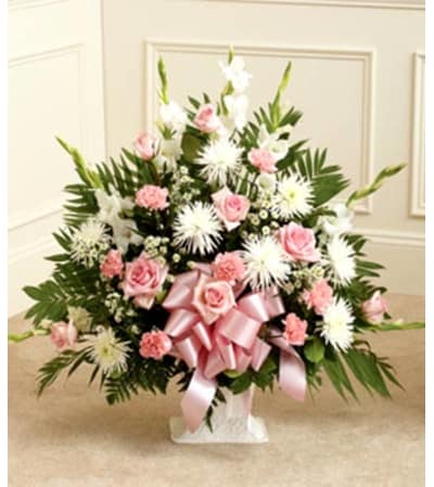 Pink and white sympathy floor baskey