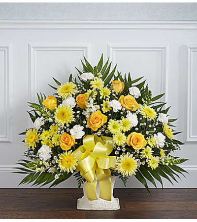 Heartfelt Tribute Yellow Floor Basket