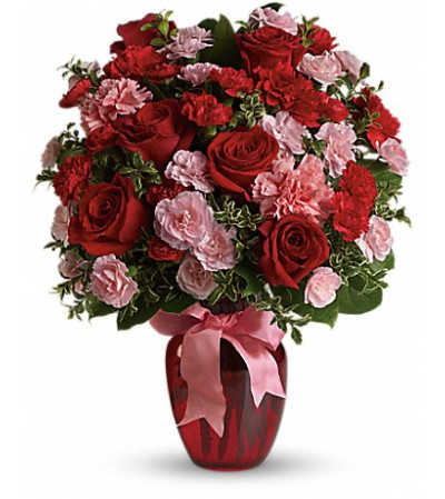 Red Roses and Pink Mini Carnations in Red Vase Red Roses and Pink Mini Carnations in Red Vase