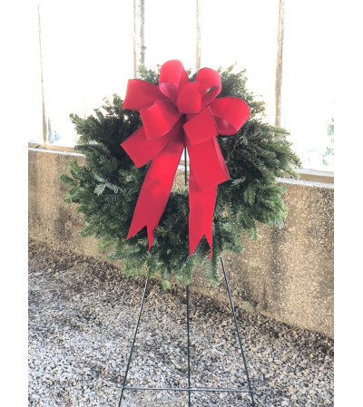 Fresh Frazier Fir wreath on easel Fresh Frazier Fir wreath on easel