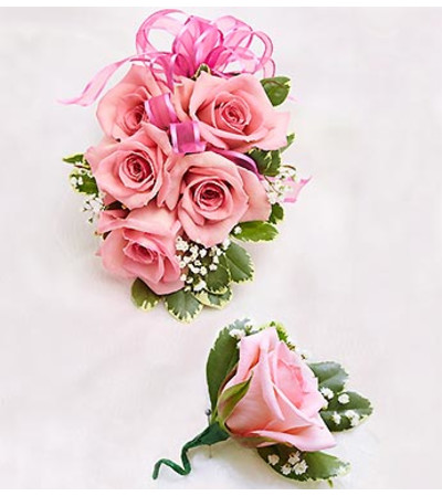 Pink Rose Corsage & Boutonniere Pink Rose Corsage & Boutonniere