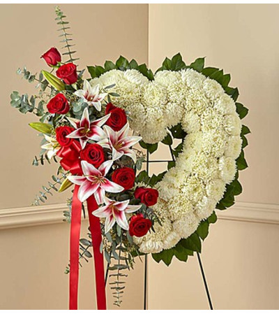 Red Rose and Lily Open Heart Standing Spray Red Rose and Lily Open Heart Standing Spray