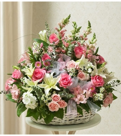 Pink and White Sympathy Arrangement in Basket Pink and White Sympathy Arrangement in Basket