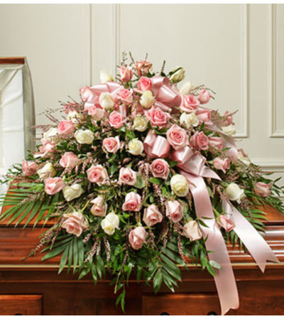 Cherished Memories Half Casket Cover – Pink/White Roses Cherished Memories Half Casket Cover – Pink/White Roses