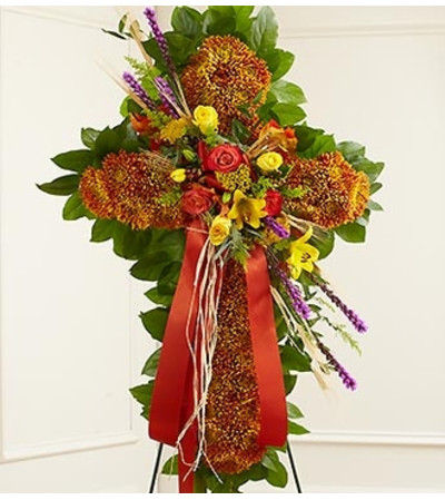 Mixed Flowers Standing Cross in Fall Colors Mixed Flowers Standing Cross in Fall Colors