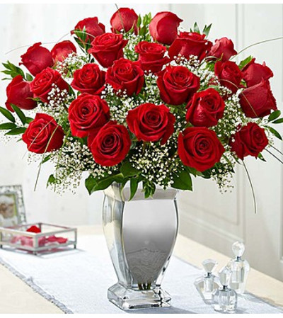 Premium Long Stem Red Roses in Silver Vase Premium Long Stem Red Roses in Silver Vase