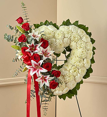 Send Red Rose and Lily Open Heart Standing Spray in Cypress