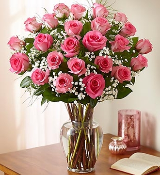 Happy Birthday! Vase with Beautiful Rose Flowers on Table Near White Brick  Wall Stock Photo - Image of event, petal: 221551430