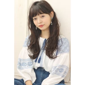大きめミックスパーマ 暗髪透け感ロング