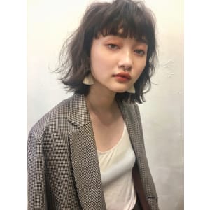 厚めバング　ナチュラルパーマ　ワンレンボブ【Nー101】