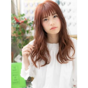 外国人風フリンジウェーブ×チェリーピンク　シースルー前髪