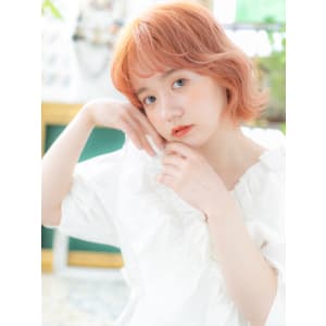 くせ毛風フェザーボブ×オレンジベージュ　ゆるふわカール