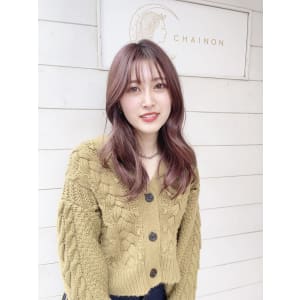 前髪ありセミロングショコラピンク暖色カラー30代梅ヶ丘美容室