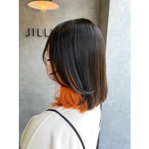 インナーオレンジイメチェンレッドブラウンくびれヘア大人ミディ