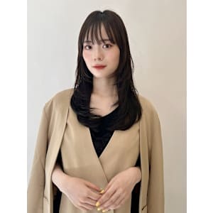 大人美人ハイレイヤーぱっつん前髪黒髪ロングワイドバンク小顔