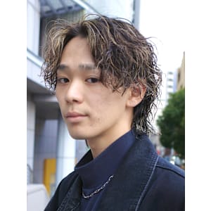 センターパートメンズウルフ/ハイライト