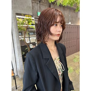 オレンジブラウン×ボブパーマ