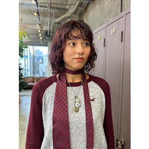 ワインレッド×ボブパーマ